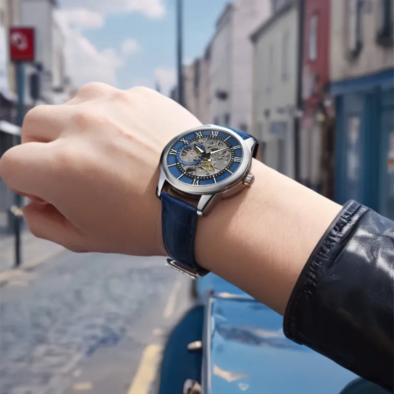 Montre homme cuir automatique, squelette